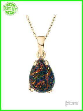 14K Gold Plated Silver Simulated Opal Pendant Necklace 45cm Cable Chain
